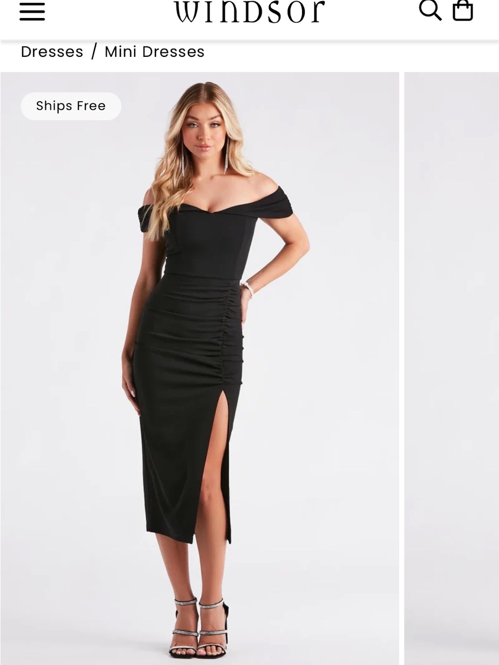 Windsor Black Off-Shoulder Ruched Midi Dress with Side Slit